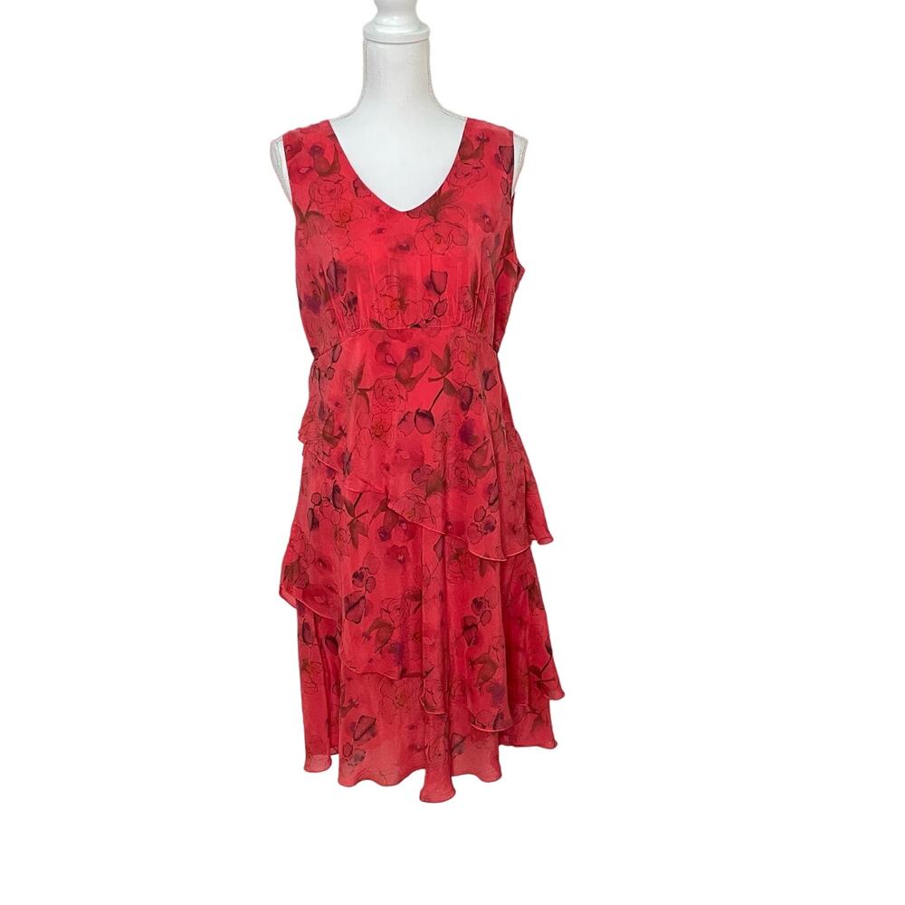 CLICK Color Me Cotton Sz L Coral Red Floral Sleeveless Asymmetrical Tiered Dress